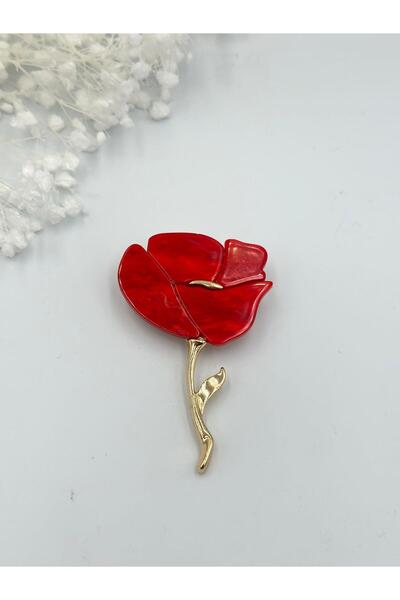 MyladyAccessoriess Kırmızı Gold Detaylı Lale Broş