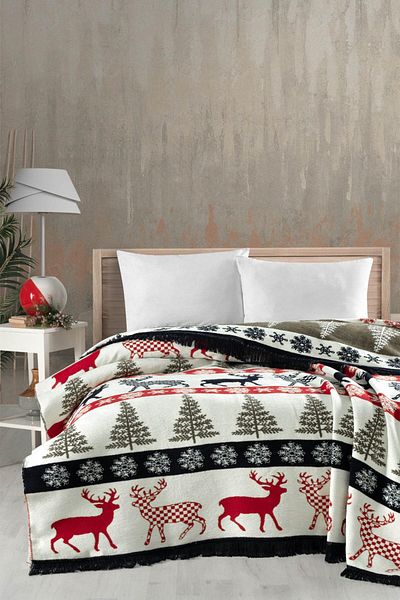 lissehome Wintertale Christmas Patterned Red Cotton Double Blanket - 200X220 cm