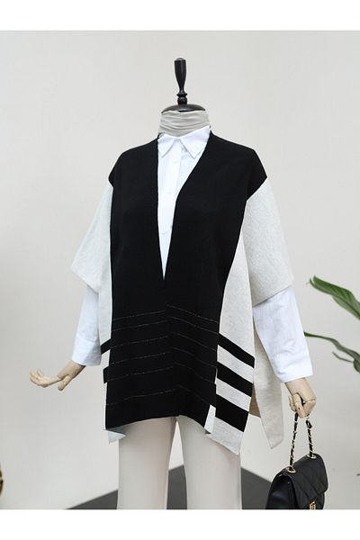 Modamorfo Steinfarbener Strick-Poncho mit kurzen Ärmeln und Seitenschlitzen