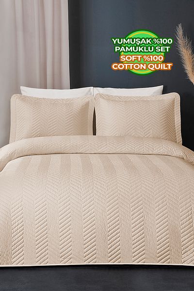 Evlen Home Collection Ross 100% Cotton Double Bedspread - Quilted Striped, Washable Beige Pique Set