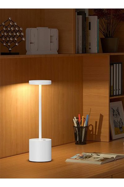 Taimi Rechargeable Cordless Metal Table Lamp, 3-Level Brightness, Battery Operated, White.