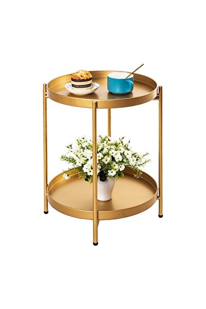 Taimi Gold Folding End Table 2-Tier Metal Round Side Table with Removable Tra...