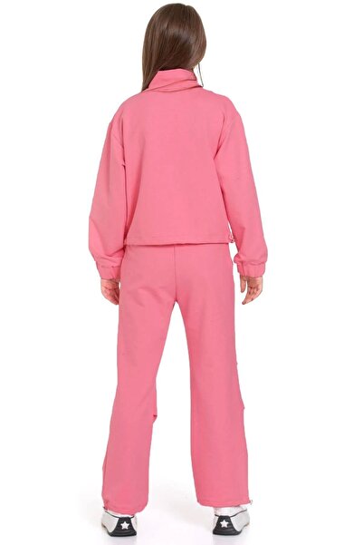 zepkids Dusty Rose Colored Girl's Tracksuit Set - Zippered and Drawstring Rubber Detailed