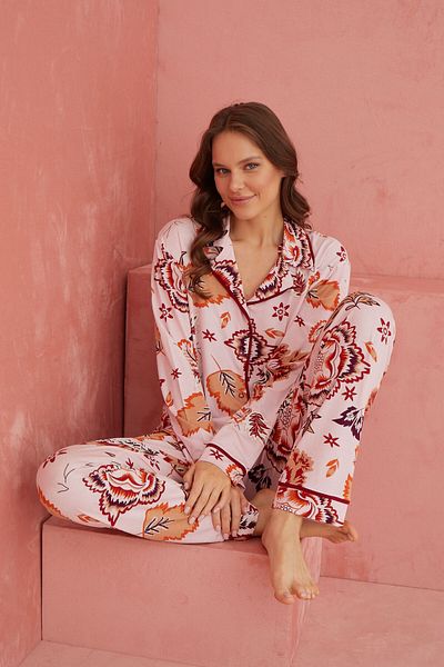 ELİTOL Multicolor Patterned Viscose Front Button Pajamas Set