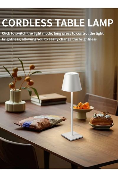Taimi Wireless Table Lamp, Rechargeable 1800mAh, Metal, Portable, 2-Level Night Lighting White