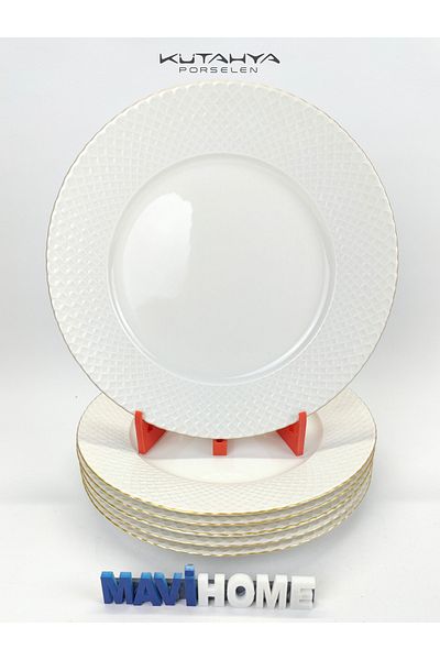 Kütahya Porselen Cream Colored 25 cm Serving Plate - Gold Gilded, Square Patterned Set of 6