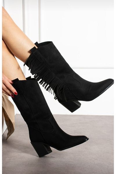 Afilli Afili Women's Black Suede Tasseled Fringed Different Cowboy Pointed Toe Below the Knee Thick Heeled Boots