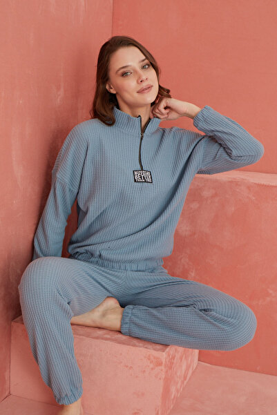 ELİTOL Set de pijamale cu fermoar Pitikare Waffle guler ridicat albastru