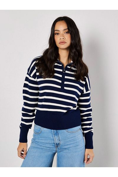 Apricot Streifen-Pullover mit Reißverschluss