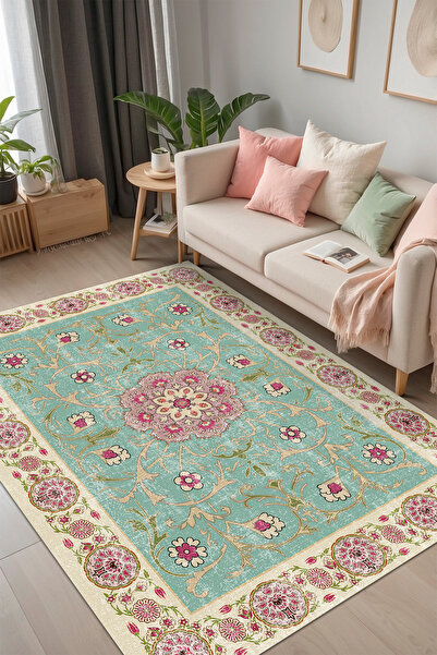 AIDA HOME Visina Vintage Desenli Pamuk Tabanlı Yıkanabilen Kaydırmaz Antibakt...