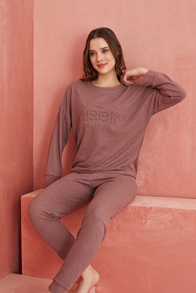 ELİTOL Gül Kurusu Book Desenli Kaşmir Pijama Takım