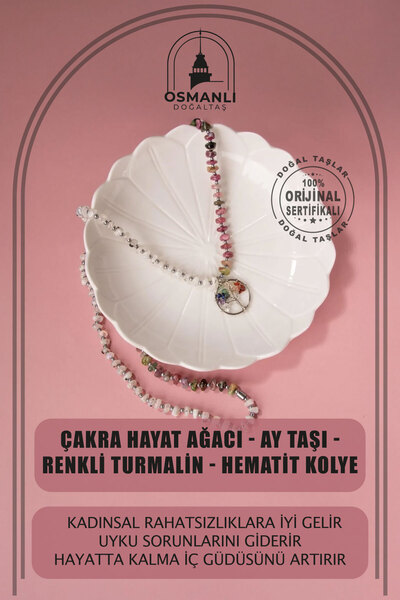 OSMANLI DOĞAL TAŞ Çakra Hayat Ağacı-ay Taşı-renkli Turmalin Doğal Taş Kolye