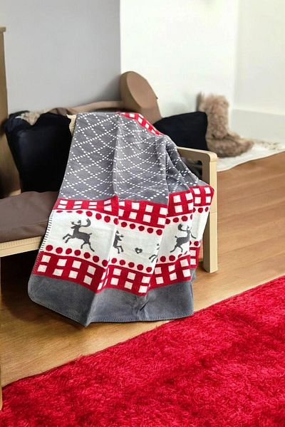 lissehome Non-Cratching Cotton Red Gray Christmas Patterned Double Blanket - 200X220 cm