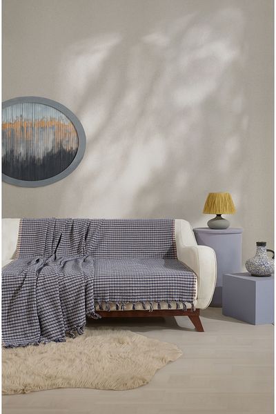 Lux Touch Luna Navy Blue και Beige καρό 180x200 cm Βαμβακερό κάλυμμα καναπέ-κρεβάτι