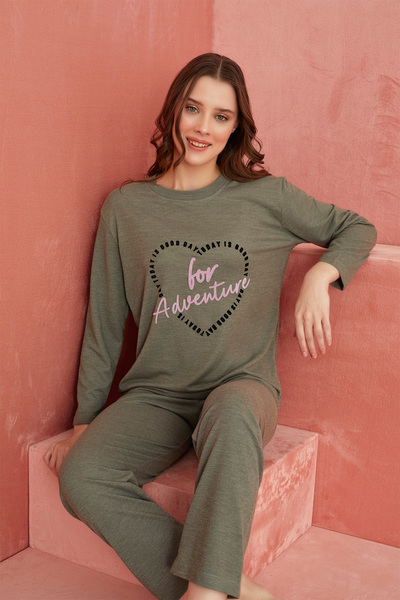 ELİTOL Yeşil Kalp Desenli Kaşmir Pijama Takım