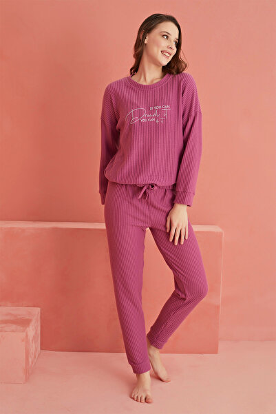 ELİTOL Mürdüm Baskılı Pitikare Waffle Pijama Takımı