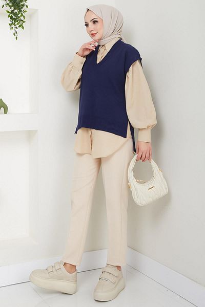 hafsamina Πλεκτό πουλόβερ Navy Blue V Neck - HM2635