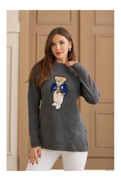HARMONY GLOBAL Women's Anthracite Teddy Bear Embroidered Oversize Knitwear Crew Neck Sweater 5205