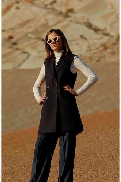 Fatma Atasoy Herringbone Navy Blue Wool Dad Vest