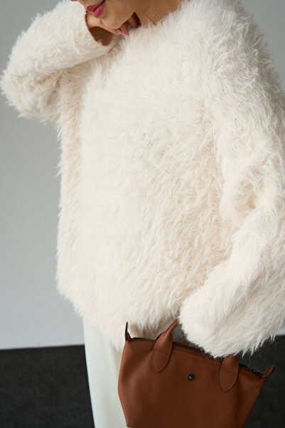 LOOSH Дамски огромен пуловер с кръгло деколте с кожа