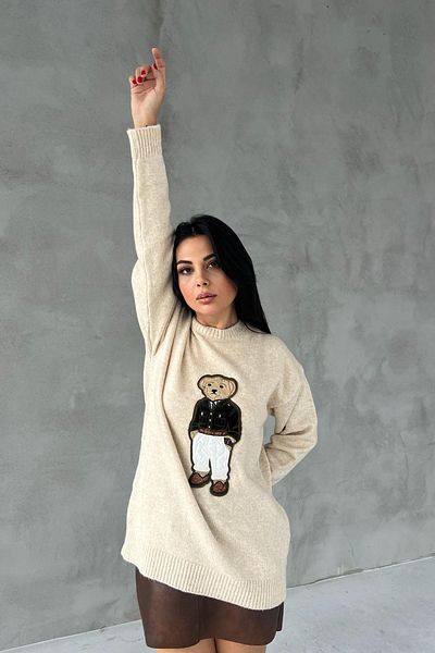 HARMONY GLOBAL Tricoturi supradimensionate brodate cu ursuleț de pluș crem pentru femei Pulover cu gât crew 5205