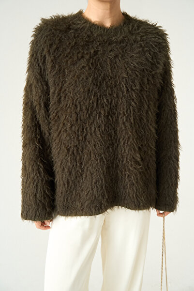 LOOSH Kadın Haki Bisiklet Yaka Oversize Kürk Görünümlü Kazak