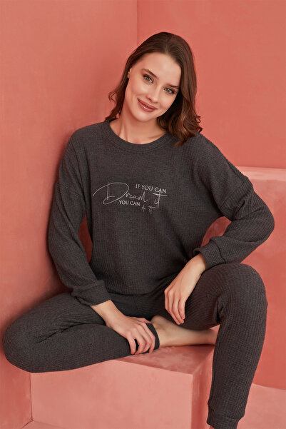 ELİTOL Antrasit Dream Baskılı Pitikare Waffle Pijama Takımı