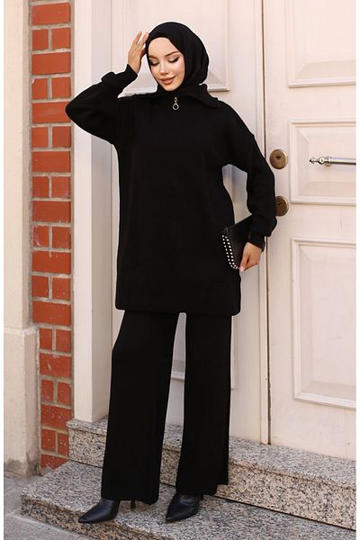 sefamerve Geripptes Strickset mit Reißverschluss – 11036-03 Schwarz