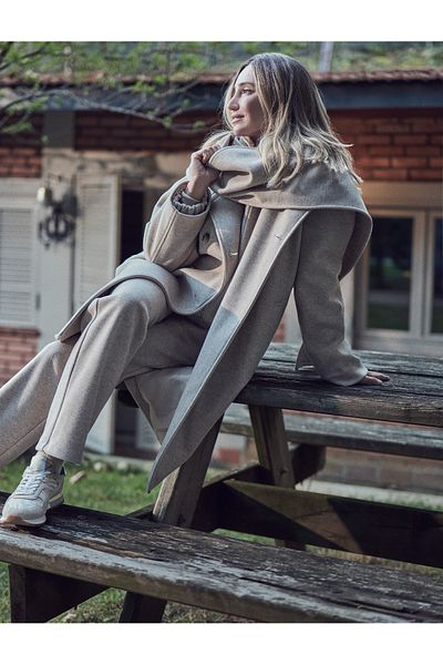 Koton X Şahika Ercümen - Buttoned Stand Collar Scarfed Cashmere Coat with Pockets