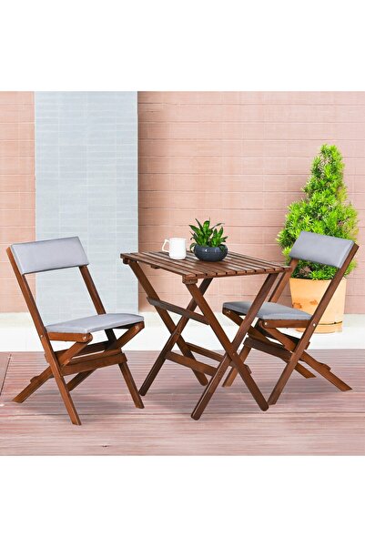 Bysay AHŞAP KATLANIR DÖŞEME MİNDERLİ 3 lü BİSTRO SET BAHÇE TAKIMI (CEVİZ-GRİ)