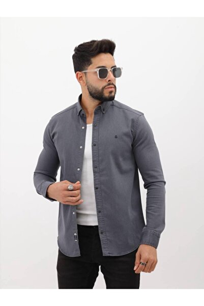 cliento Slim fit Likralı Erkek Kot Gömlek Antrasit