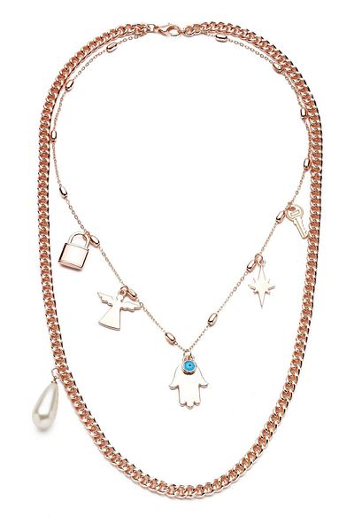 Modex Rose Color Pearl Detailed Multi-Figure Double Necklace