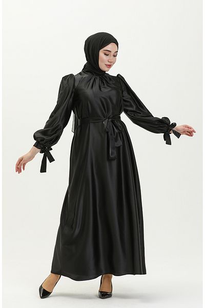 sefamerve Schwarzes Satin-Schärpenkleid – 80153-03