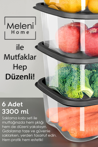 Meleni Home 6 Pieces Anthracite Food Storage Container - Microwave Deep Freezer 3300ml