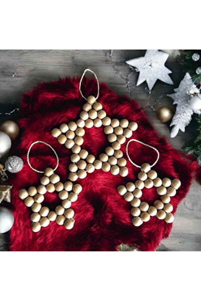 3'lü Ahşap Boncuk 1'i Büyük Yıldız, Çocuk Odası, Yılbaşı, Noel, Mutfak Süsü