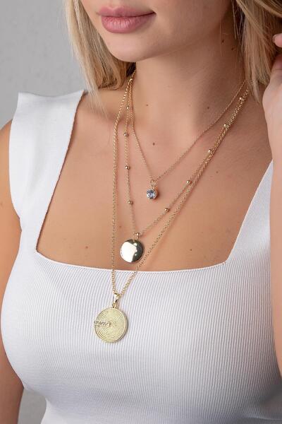 Modex Altın Rengi Yuvarlak Taşlı Paralı Çoklu Kolye(45-50-75cm)