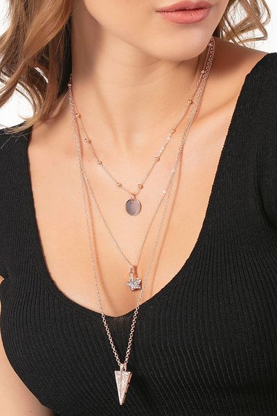 Modex Rose Color Stone Geometric Shaped Triple Necklace (40*6*70cm)