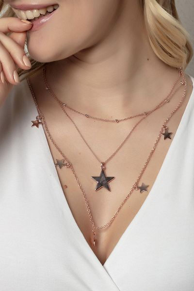 Modex Rose Color Ball Chain Stars Triple Necklace