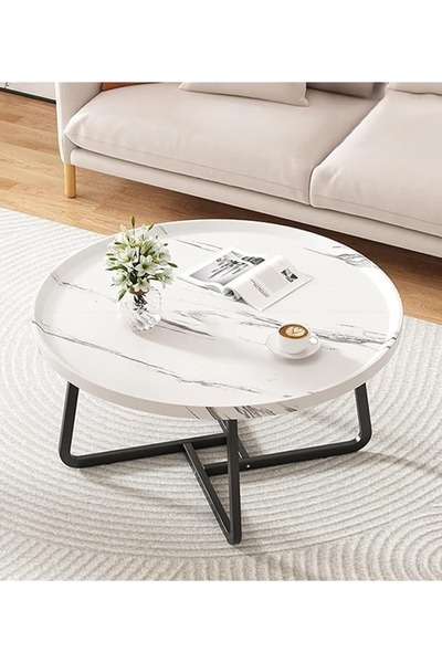 ALMUFARREJ طاولة قهوة دائرية حديثة لغرفة المعيشة مصنوعة من الخشب والمعدن - 60 سم