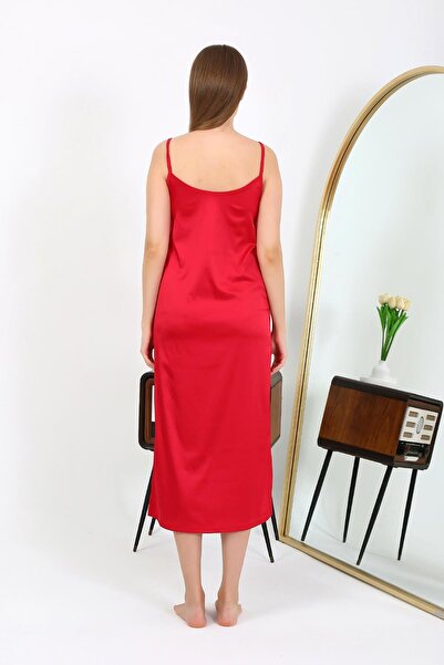 Akbeniz Slit Long Satin Nightgown Red 7410