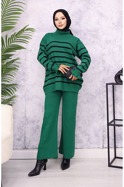 sefamerve Emerald Green ριγέ Σετ ώμου - Πλεκτά με κουμπιά 24019-02