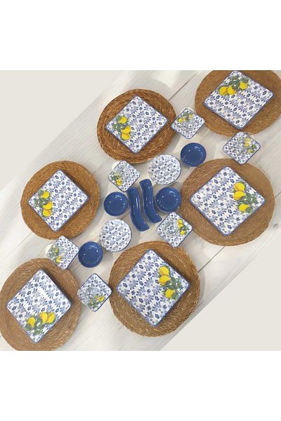 Mucha 26 Pieces Ceramic Breakfast Set White Blue Yellow Lemon Pattern