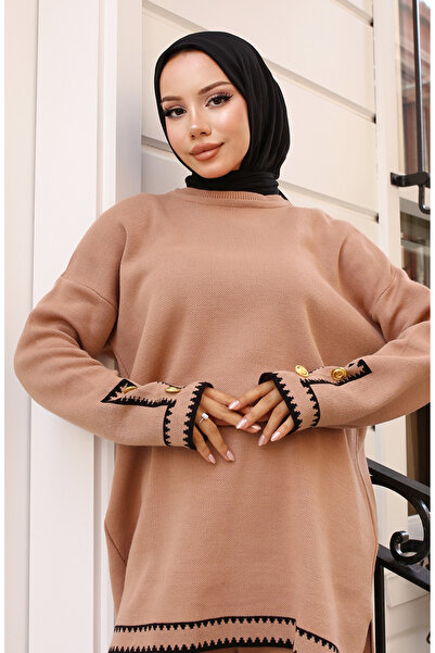 sefamerve Zigzag Knitwear Set 24012-02 Milk Coffee - Cuffed Sleeves