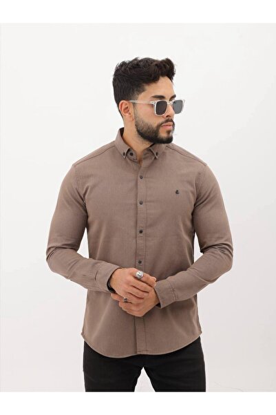 cliento قميص دينم رجالي من الليكرا ذو قصة ضيقة باللون البني الفاتح