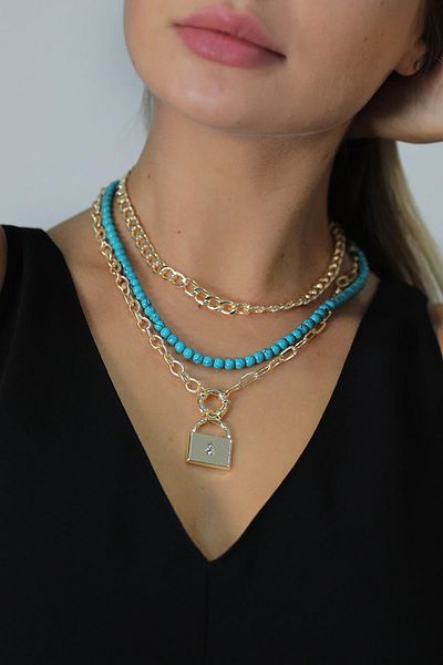 Modex Turquoise Jewelled Lock Figure Necklace