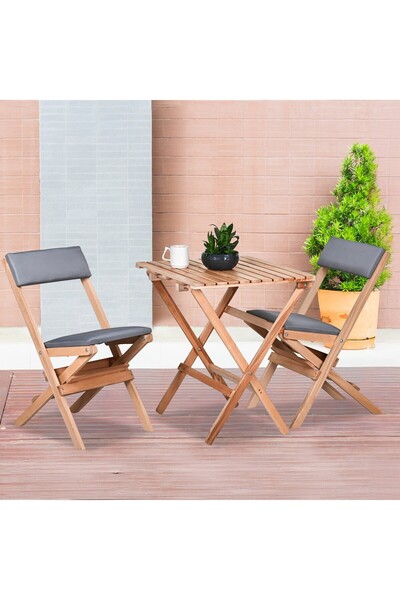 Bysay AHŞAP KATLANIR DÖŞEME MİNDERLİ 3 lü BİSTRO SET BAHÇE TAKIMI (NATUREL-GRİ)