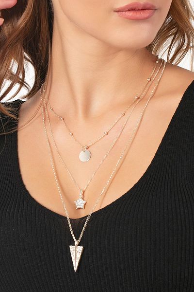 Modex Gold Triple Necklace with Gold Color Stone Triangle Geometric Shape