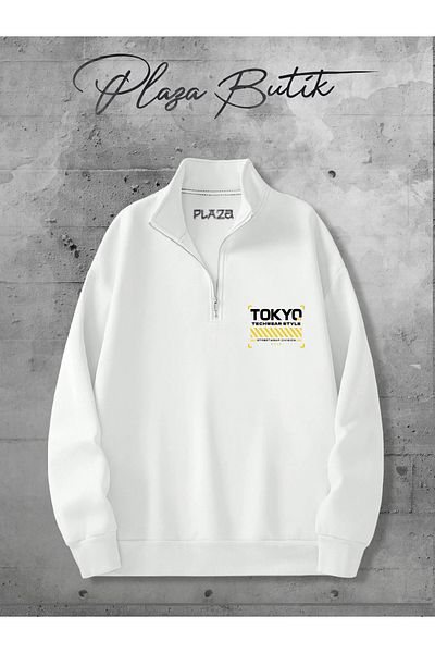 Plaza Butik Men's Relaxed Fit Oversize Cotton Fleece Half Zipper Stand Collar Tokyo Printed Sweatshirt