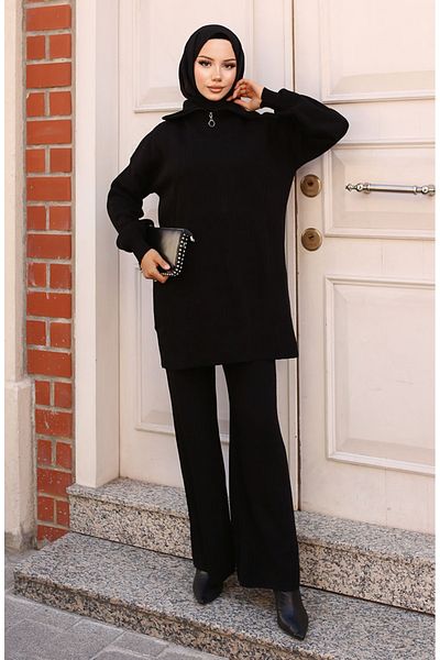 sefamerve Geripptes Strickset mit Reißverschluss – 11036-03 Schwarz