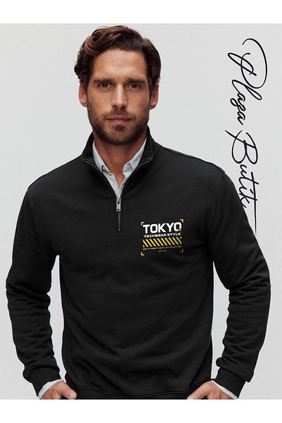 Plaza Butik Men's Relaxed Fit Oversize Cotton Fleece Half Zipper Stand Collar Tokyo Printed Sweatshirt